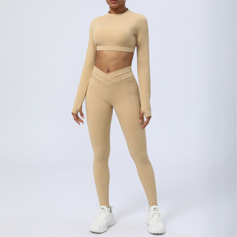 2Pcs Long Sleeve Backless Top Bra Leggings Pants Fitness Yoga Outfit Set