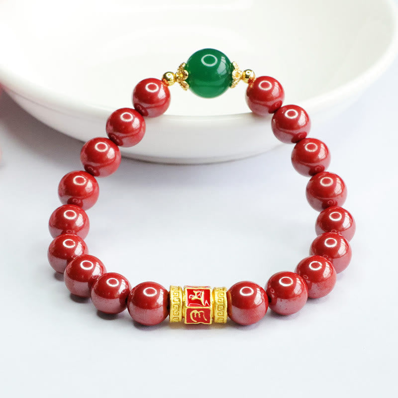 Natural Cinnabar and Green Agate Om Mani Padme Hum Inscribed Bead Bracelet