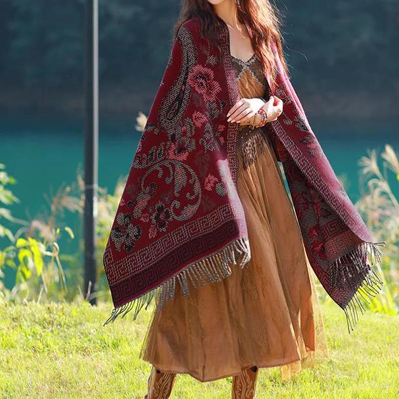 Tibetan Flowers Leaves Pattern Design Shawl Cozy Travel Scarf Wrap