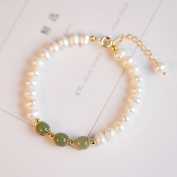 14K Gold Plated Natural Pearl & Hetian Jade Sincerity Bead Chain Bracelet