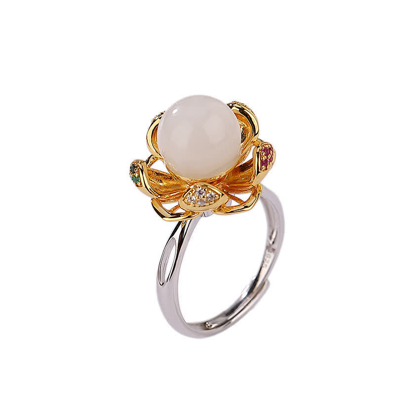 Handcrafted 925 Sterling Silver and Gold Jade Lotus Flower Ring