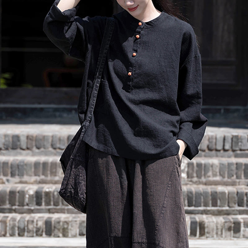 Solid Color Loose Button Blouse Long Sleeve Shirt Top