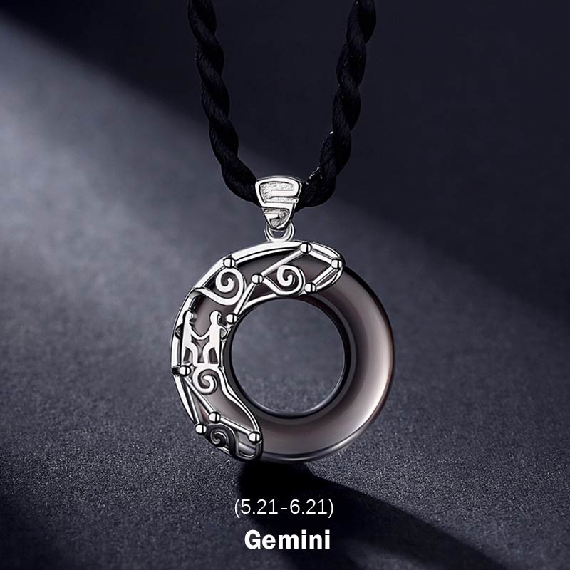12 Constellations of the Zodiac Ice Obsidian Blessing Round Pendant Necklace