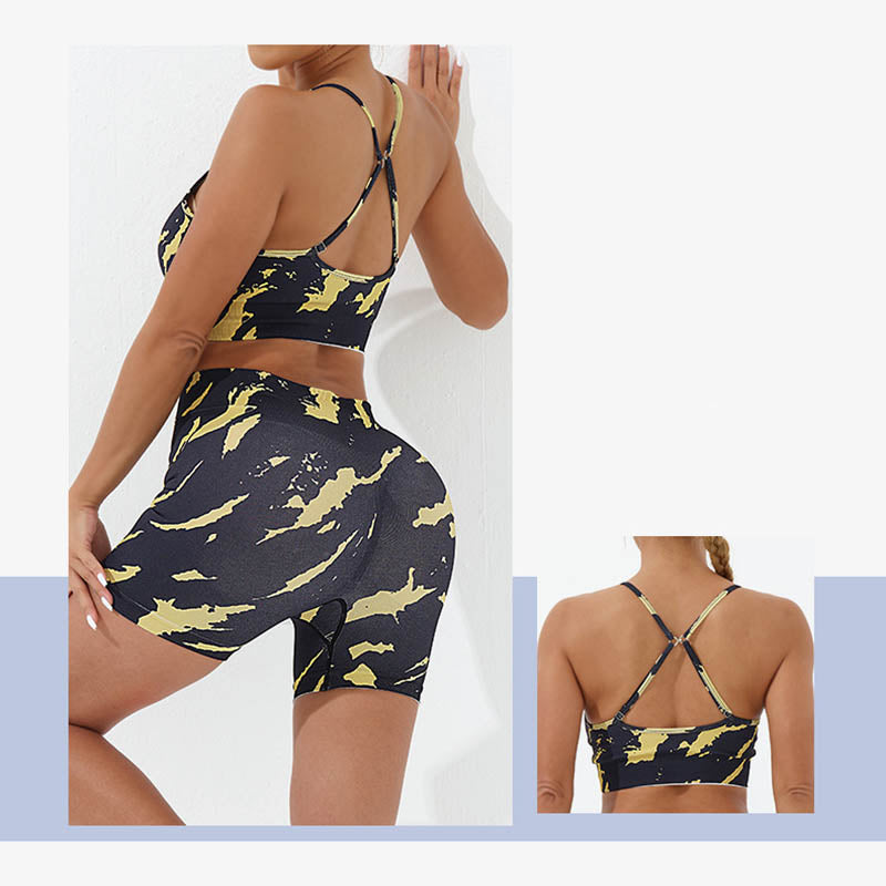 2Pcs Camo Print Backless Criss-Cross Strap Top Bra Shorts Leggings Pants Fitness Yoga Outfit Set