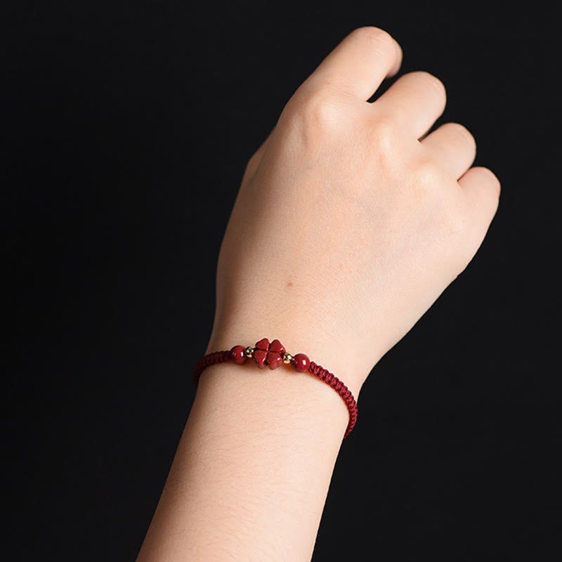 Hand-Woven Red String Cinnabar Clover and Flower Charm Bracelet
