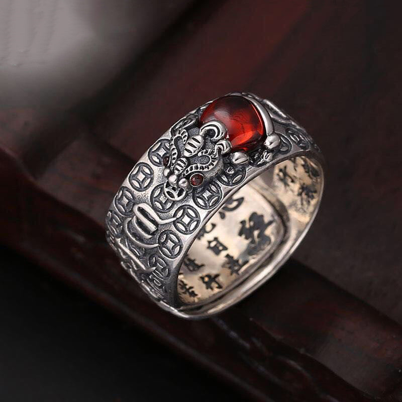 Garnet & Copper Heart Sutra Adjustable Ring with Pixiu, Money Frog or Vajra