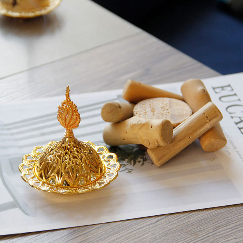 Mini Gold Alloy Buddha Incense Burner with Protective Wooden Coaster