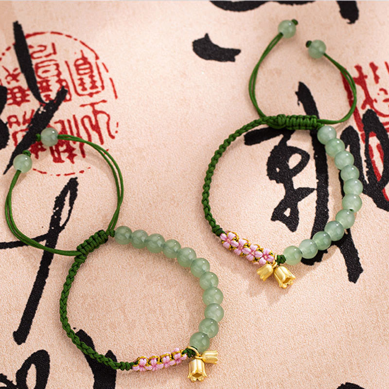 Handmade Jade Bead Lily of the Valley Charm Luck Braided Bracelet