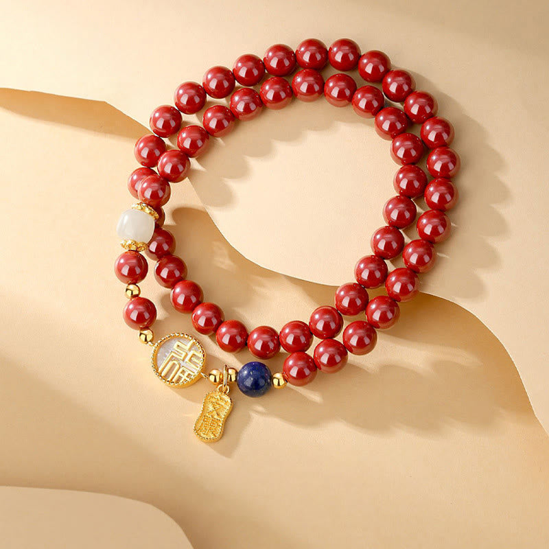 925 Sterling Silver Cinnabar Tridacna Stone Fu Character Double Wrap Blessing Bracelet