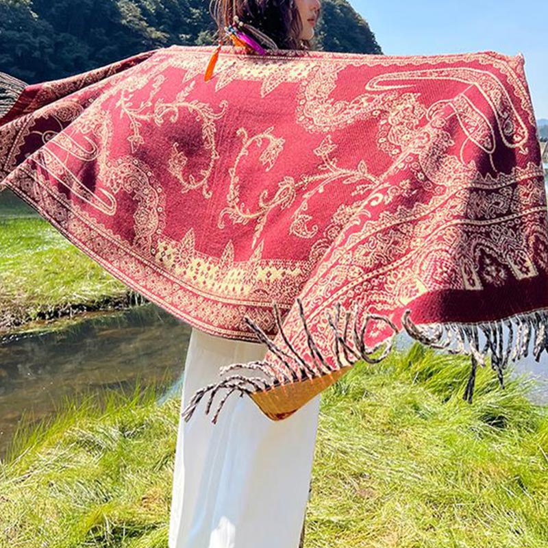 Vintage Tibetan Leaves Pattern Design Shawl Cozy Travel Scarf Wrap