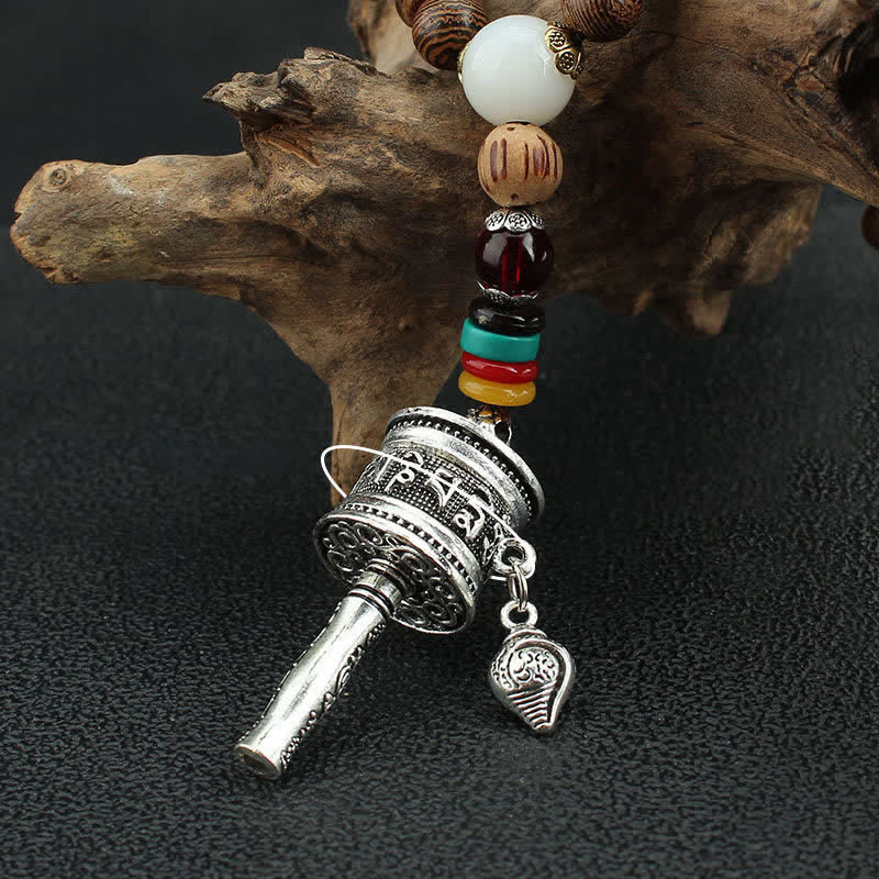 Tibetan Om Mani Padme Hum Prayer Wheel Rotation Vajra Wood Necklace Pendant
