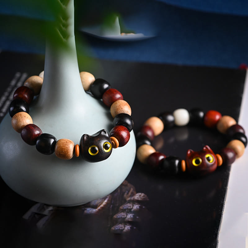 Hand-Carved Cat Engraved Red Sandalwood and Ebony Wood Bracelet