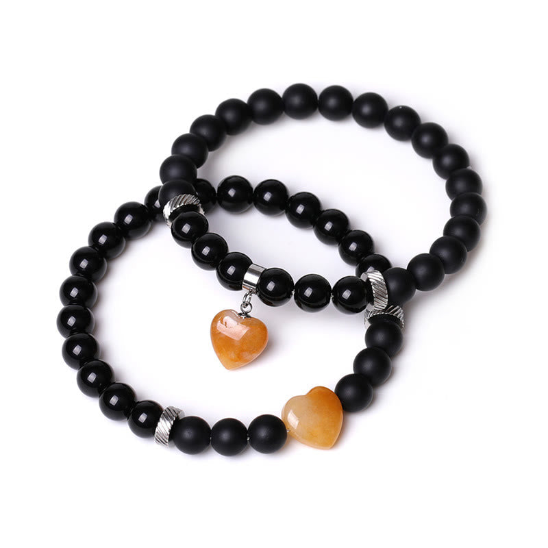 2Pcs Black Onyx Crystal Stone Love Heart Protection Support Couple Bracelet