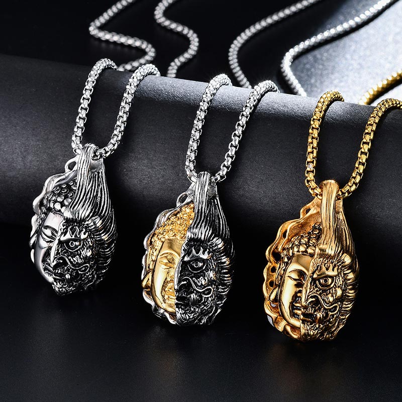 Dualistic Half Buddha Half Devil Titanium Steel Pendant Necklace for Men and Women