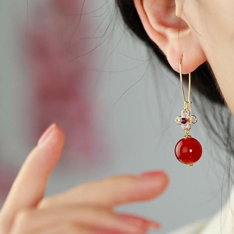 925 Sterling Silver Red Agate Flower Beaded Confidence Earrings
