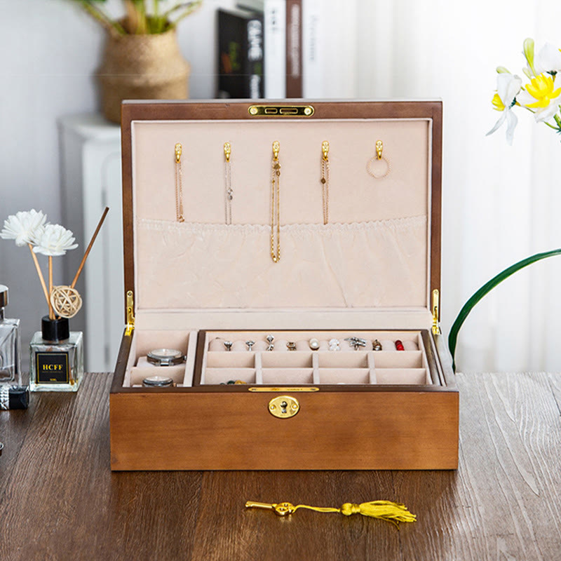 Vintage Wooden Jewelry Box Two-Layer Solid Wood Jewelry Storage Box