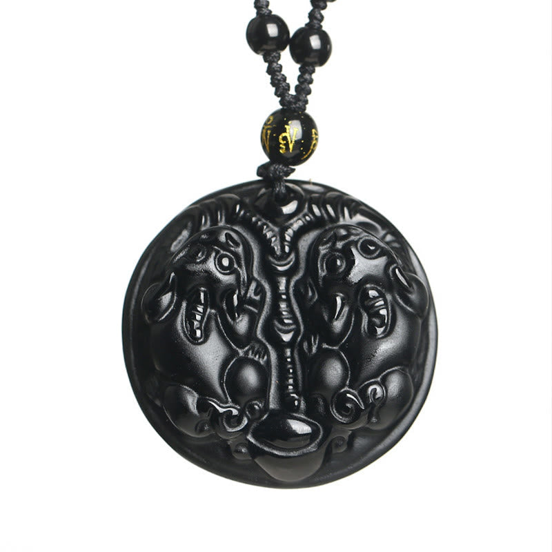 Black Obsidian Double Pixiu Bead Rope Purification Necklace Pendant