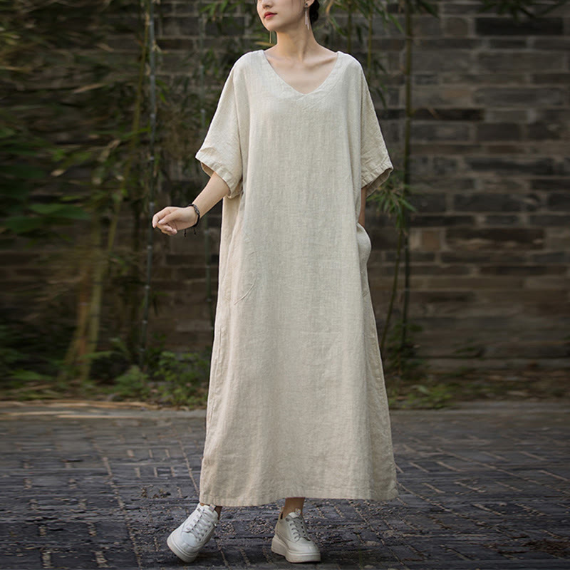 Solid Color V-Neck Half Sleeve Ramie Linen Midi Dress With Pockets