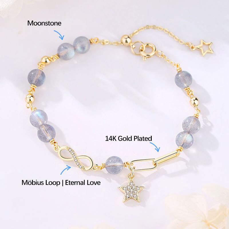 14K Gold Plated Möbius Loop Star Natural Moonstone or Strawberry Quartz Bracelet