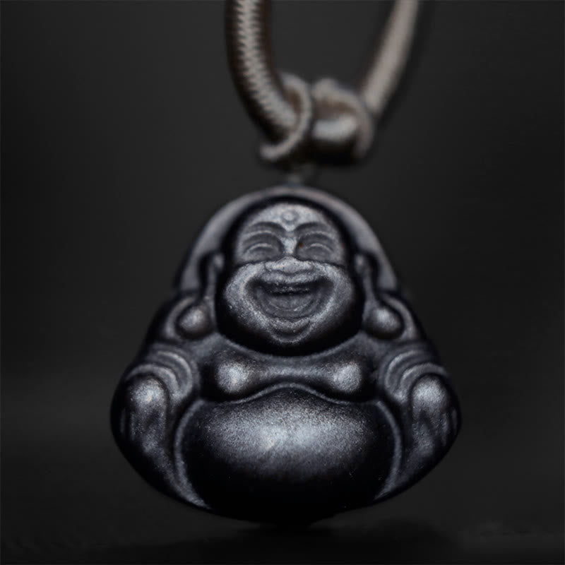 Natural Silver Sheen Obsidian Laughing Buddha Protection Necklace Pendant