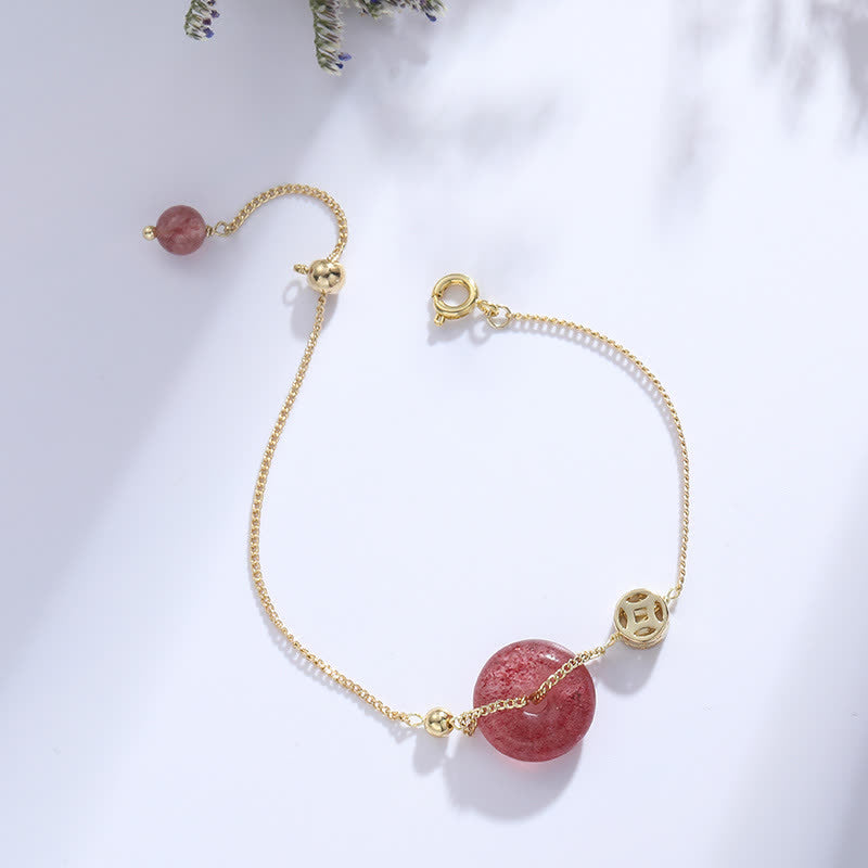 Strawberry Quartz Ping An Kou Peace Buckle Chinese Coin Love Beaded Bracelet