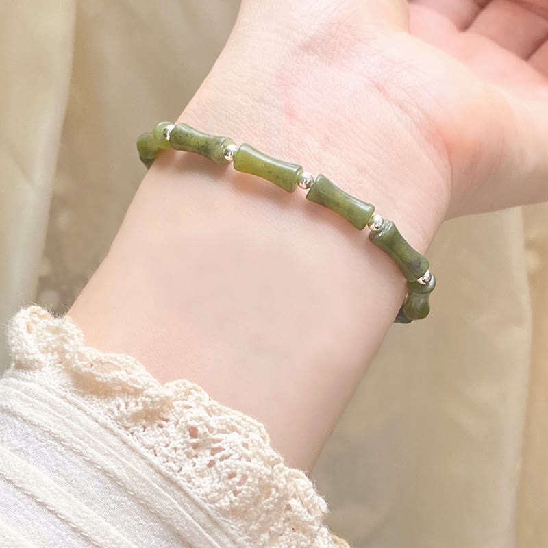 925 Sterling Silver Bamboo Jade Lucky Cat Fu Character Luck Abundance Bracelet