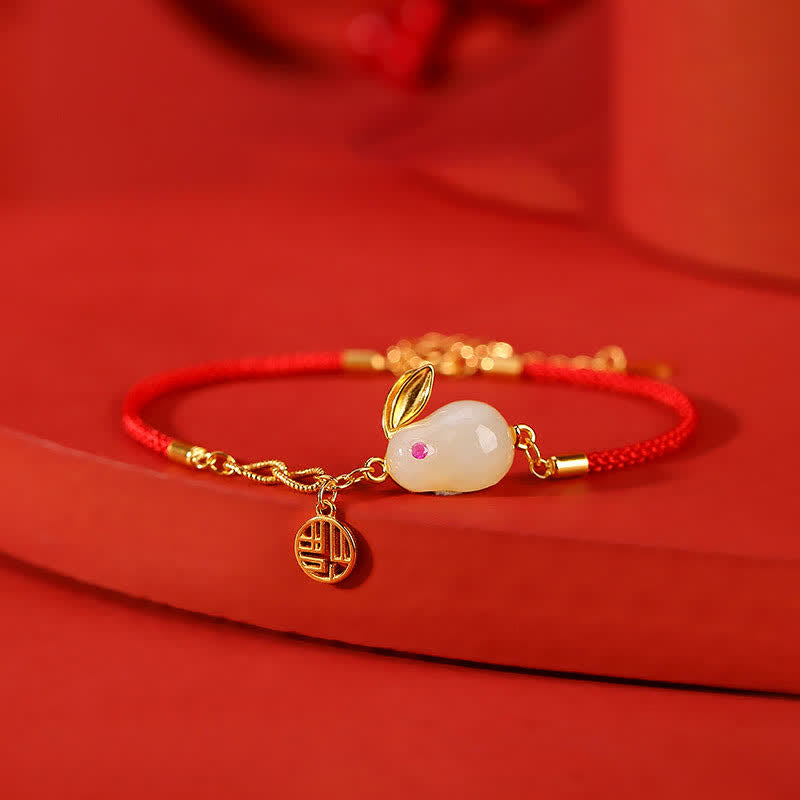 Sterling Silver & Hetian White Jade Red String Bracelet with Gold Buddha & Rabbit Accents