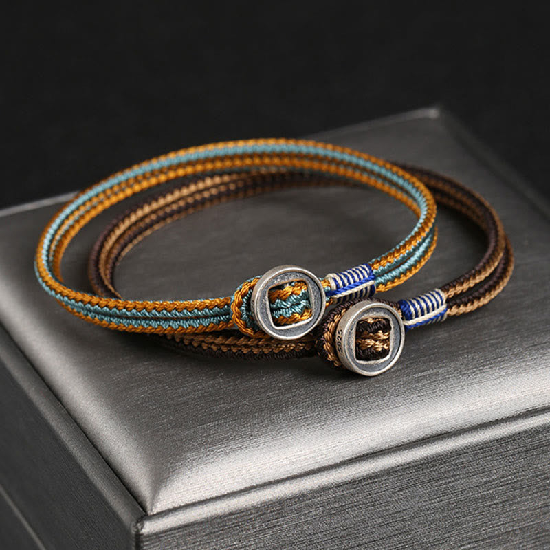 Handmade 925 Sterling Silver Button Weave Cord Bracelet for Men and Women