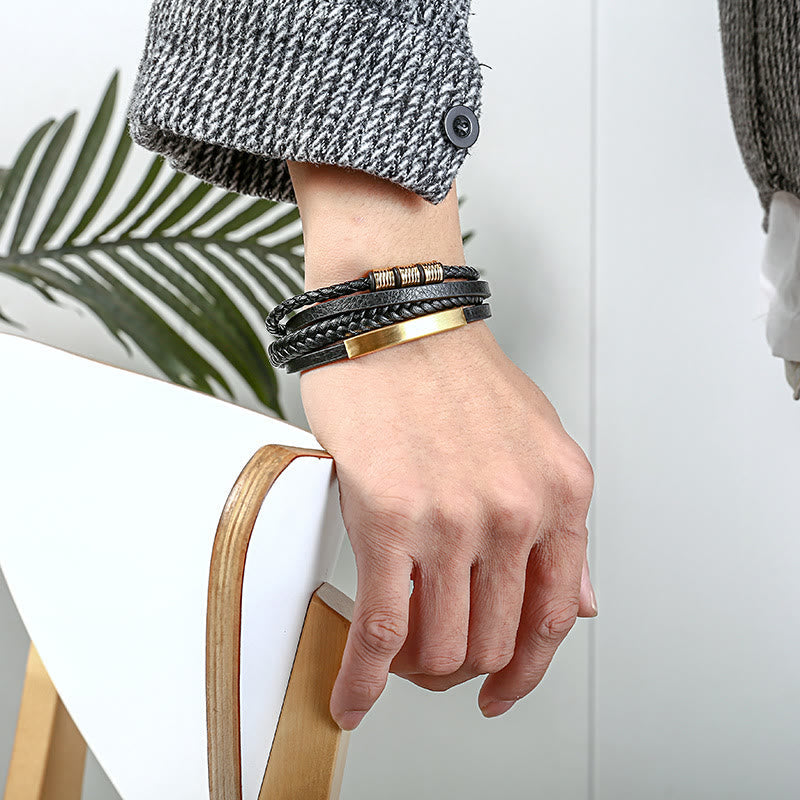 Leather Multi-Layer Titanium Steel Balance Braided Magnetic Buckle Bracelet