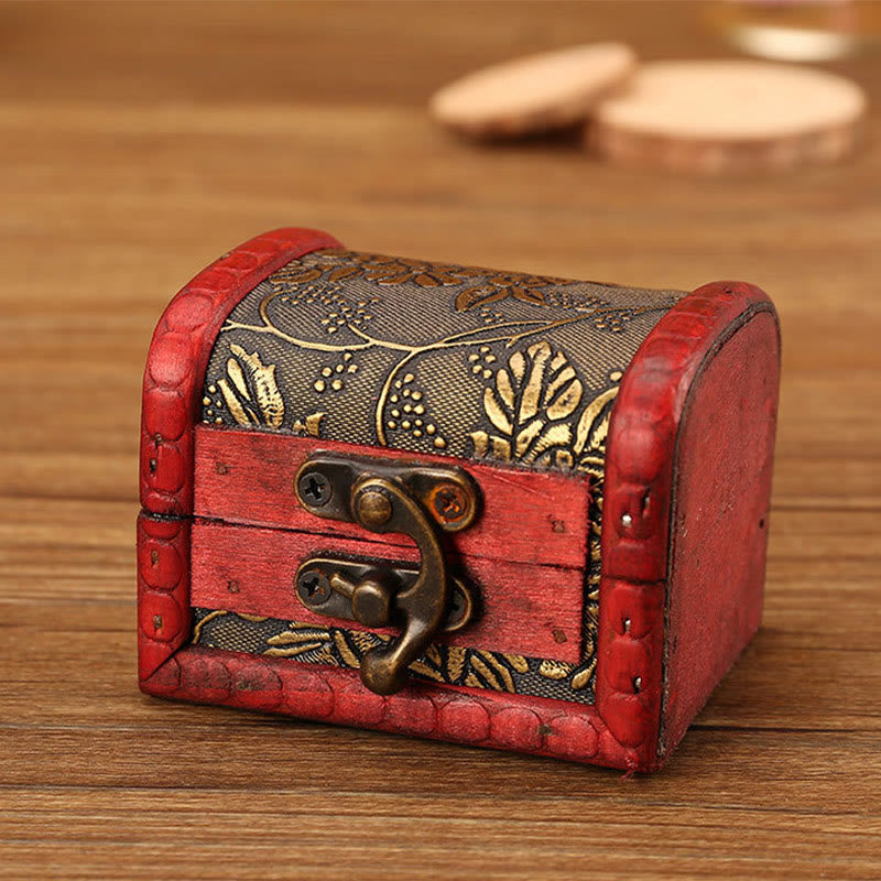 Retro Small Wood Jewelry Box Lotus Golden Grape Copper Coin Daffodil Grass Flower Jewelry Storage Box