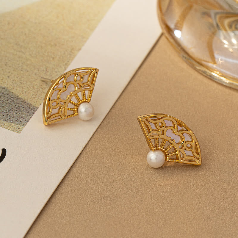 925 Sterling Silver Fan Pattern Pearl and Copper Stud Drop Earrings
