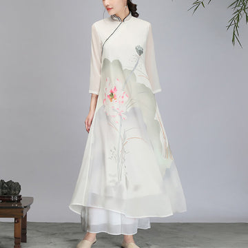 Lotus Flower Pod Chiffon Cheongsam Midi Dress Meditation Zen Practice Clothing