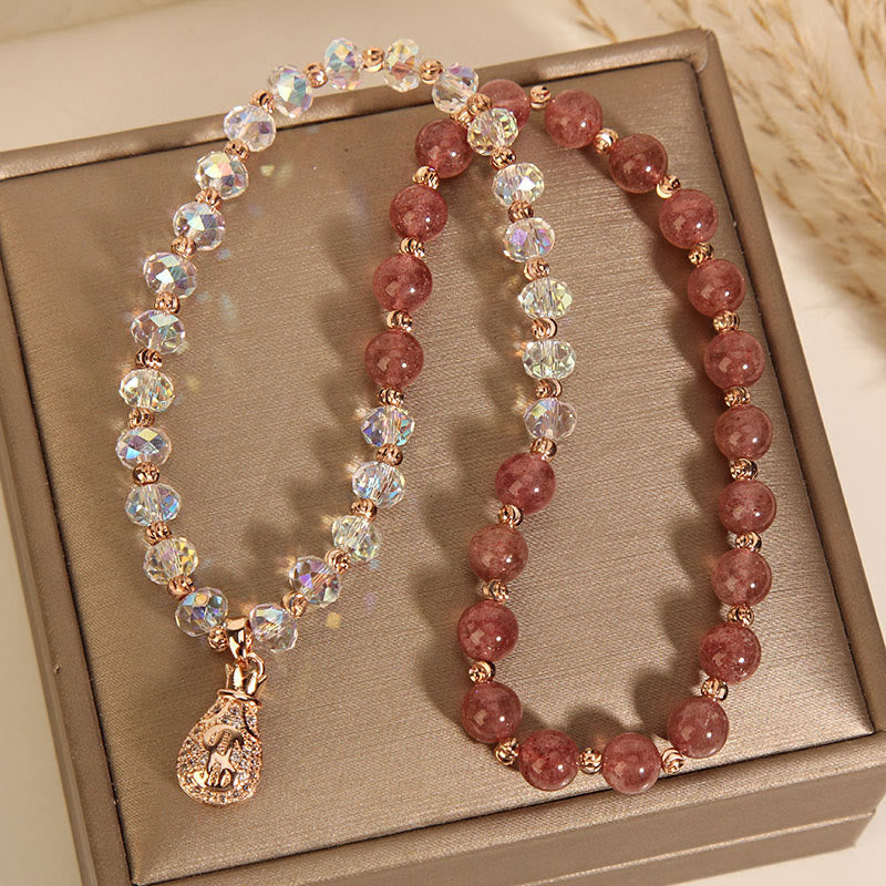Strawberry Quartz and Clear Quartz Wealth Bag Copper Charm Bracelet for Women