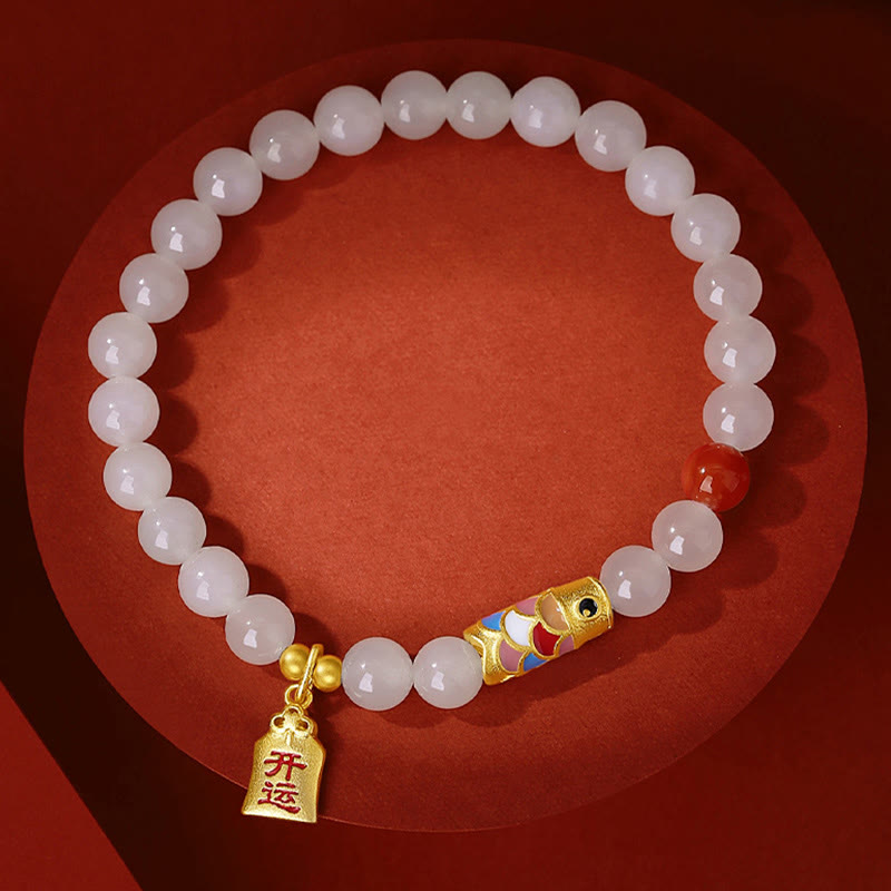 925 Sterling Silver Koi Fish Red Agate & Hetian White Jade Beaded Bracelet