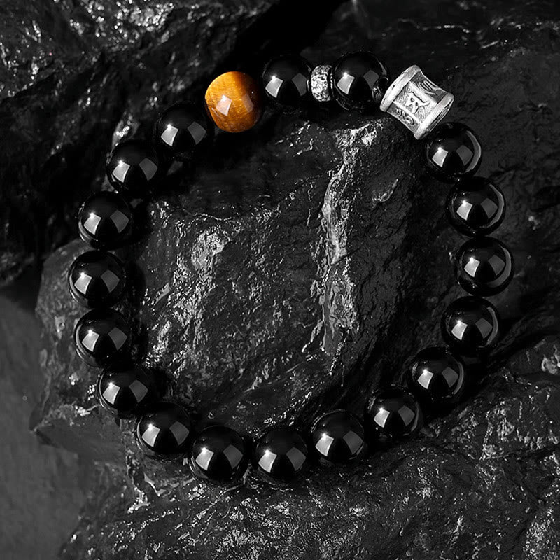 999 Fine Silver Om Mani Padme Hum Mantra Black Obsidian & Tiger Eye Beaded Bracelet