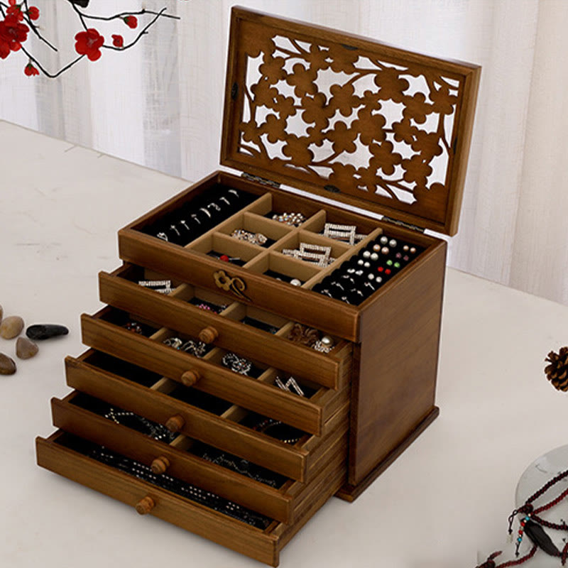 Vintage Plum Blossom Carved Wooden Jewelry Box Six-Layer Jewelry Storage Box