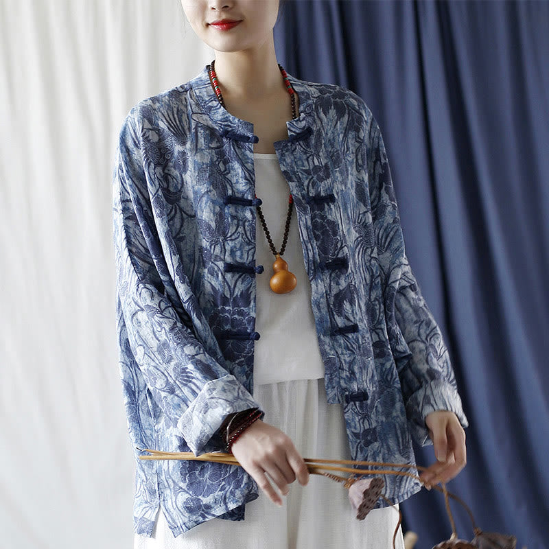 Ramie Linen Floral Stand Collar Meditation Jacket Shirt