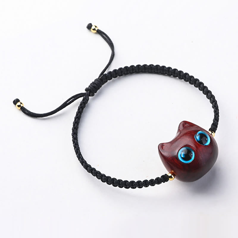 Small Leaf Red Sandalwood Ebony Wood Cute Cat Head Calm Protection Braided Bracelet