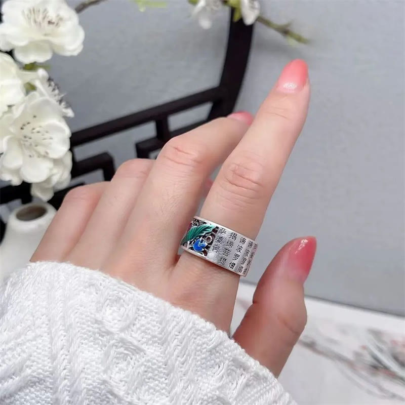Copper Blue Enamel Lotus Heart Sutra Koi Fish Luck Ring