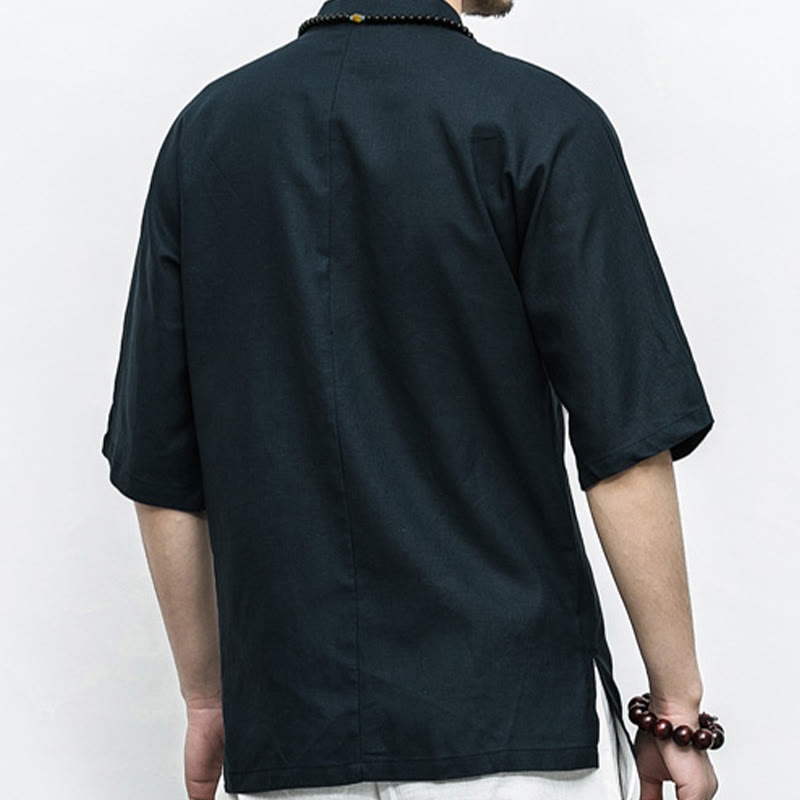 Chinese Frog-Button Tang Suit Zen Half Sleeve Shirt Linen Men Clothing