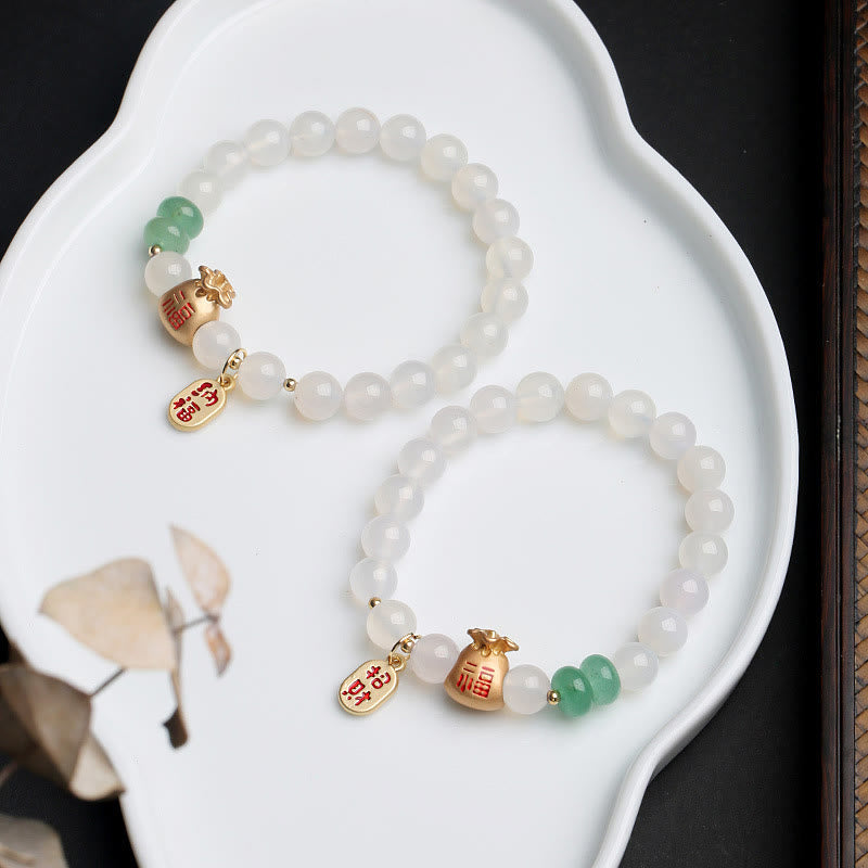 Natural White Agate Red Agate Money Bag Fu Character Four Leaf Clover Protection Bracelet