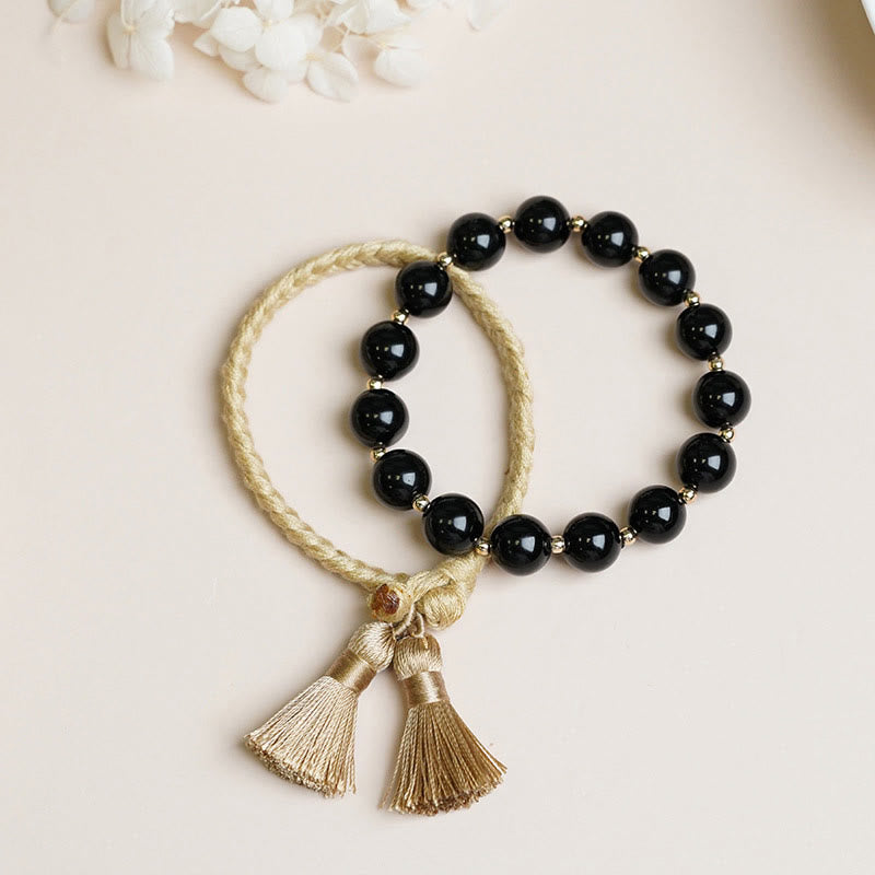 Minimalist Black Onyx Bead Bracelet Set for Grounding - 2 Pieces