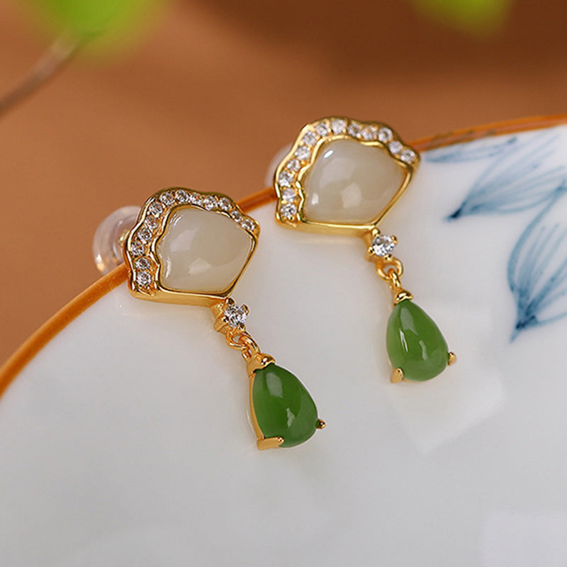 White Jade Cyan Jade Fan Water Drop Pattern Luck Drop Earrings