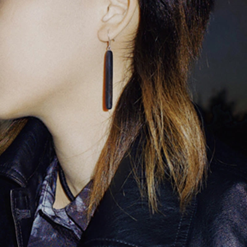 925 Sterling Silver Ebony Wood Texture Balance Peace Drop Dangle Earrings