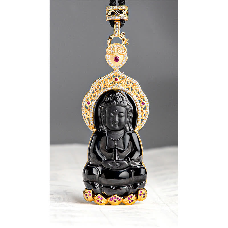 925 Sterling Silver Natural Black Jade Kwan Yin Avalokitesvara Wealth Necklace Pendant