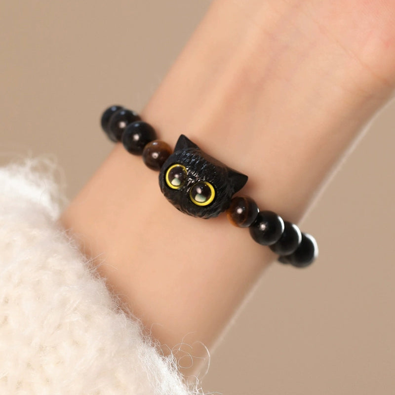 Cute Ebony Wood Cat Head Pattern Peace Bracelet