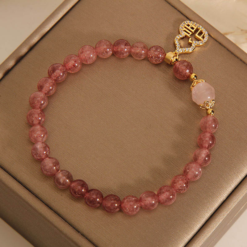 Strawberry Quartz Gourd Fu Character Charm Positive Bracelet