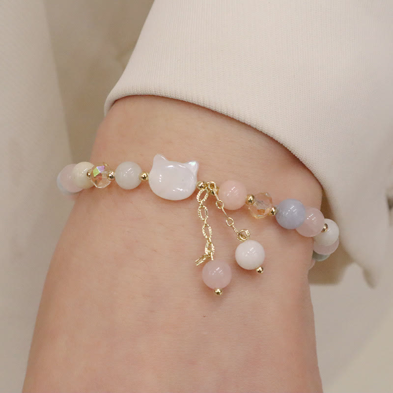 Natural Strawberry Quartz & Morganite Tridacna Gemstone Carved Cat Charm Bracelet
