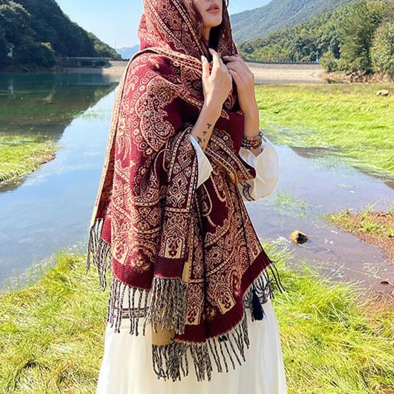 Vintage Tibetan Leaves Pattern Design Shawl Cozy Travel Scarf Wrap