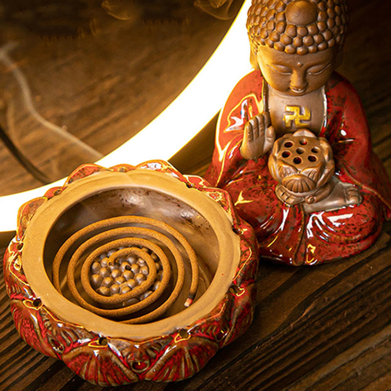 Handcrafted Ceramic Buddha Lotus Backflow Smoke Fountain Incense Burner with Light for Meditation & Yoga